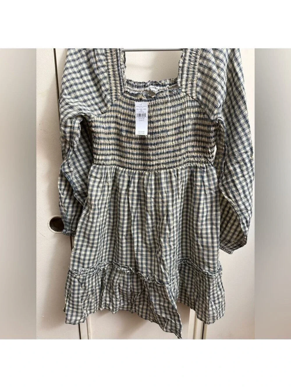 AE Plaid Ruched Long-Sleeve Checked Ruffle Smocked Mini Dress Size M Tall NWT